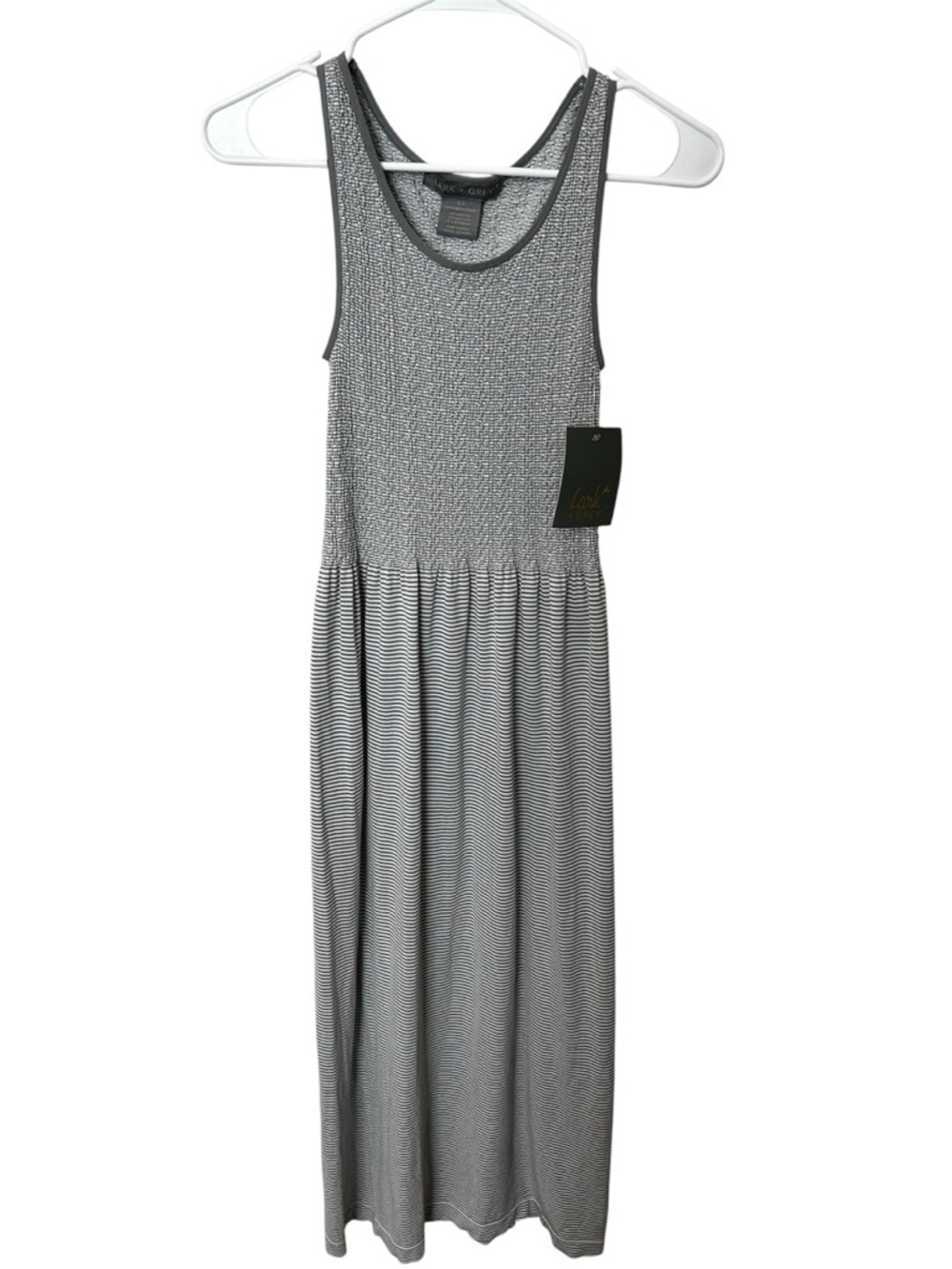 Lark + Grey Smocked Bodice Striped Maxi Dress Gray White NWT Size S/M